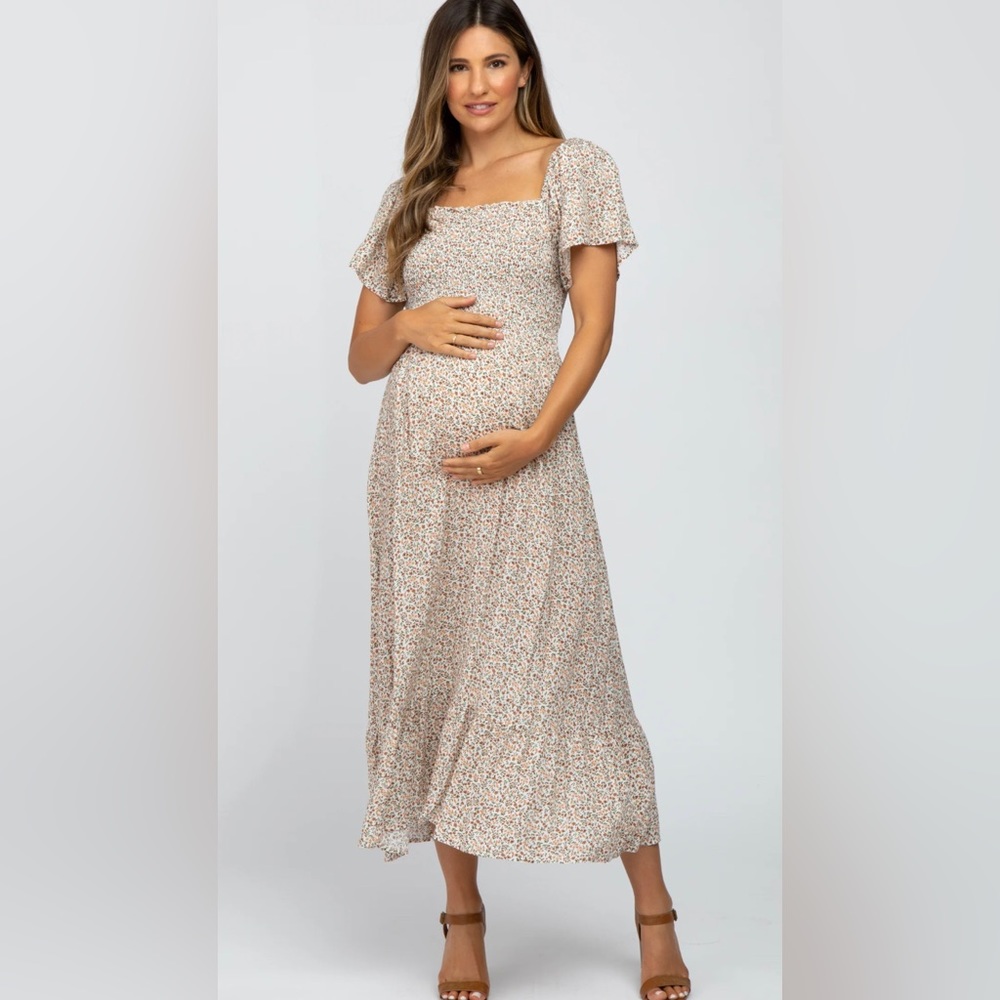 Pinkblush Ivory Floral Smocked Maternity Maxi Dress
